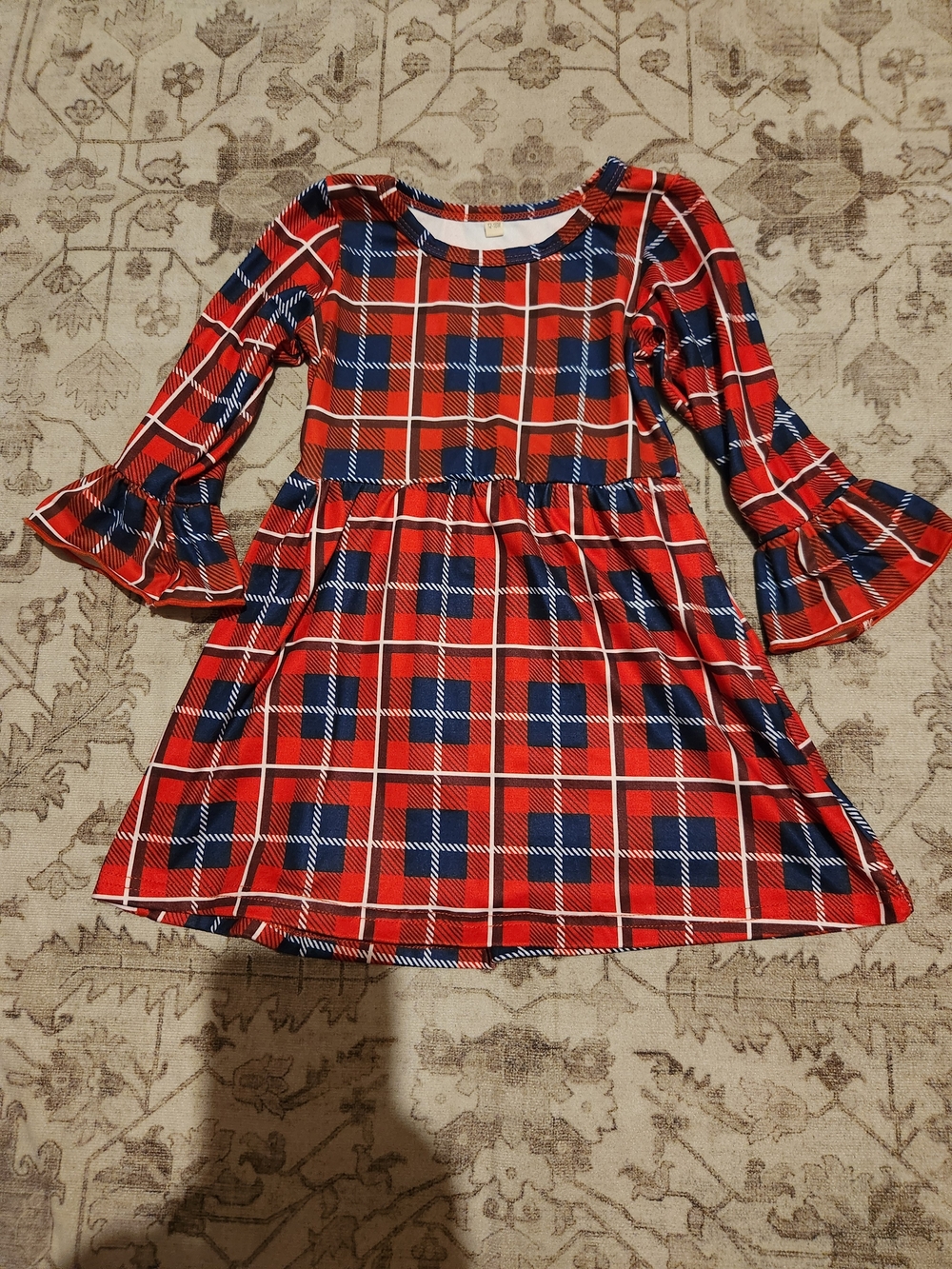 Girls Red & Navy Plaid Ruffle-Sleeve Dress